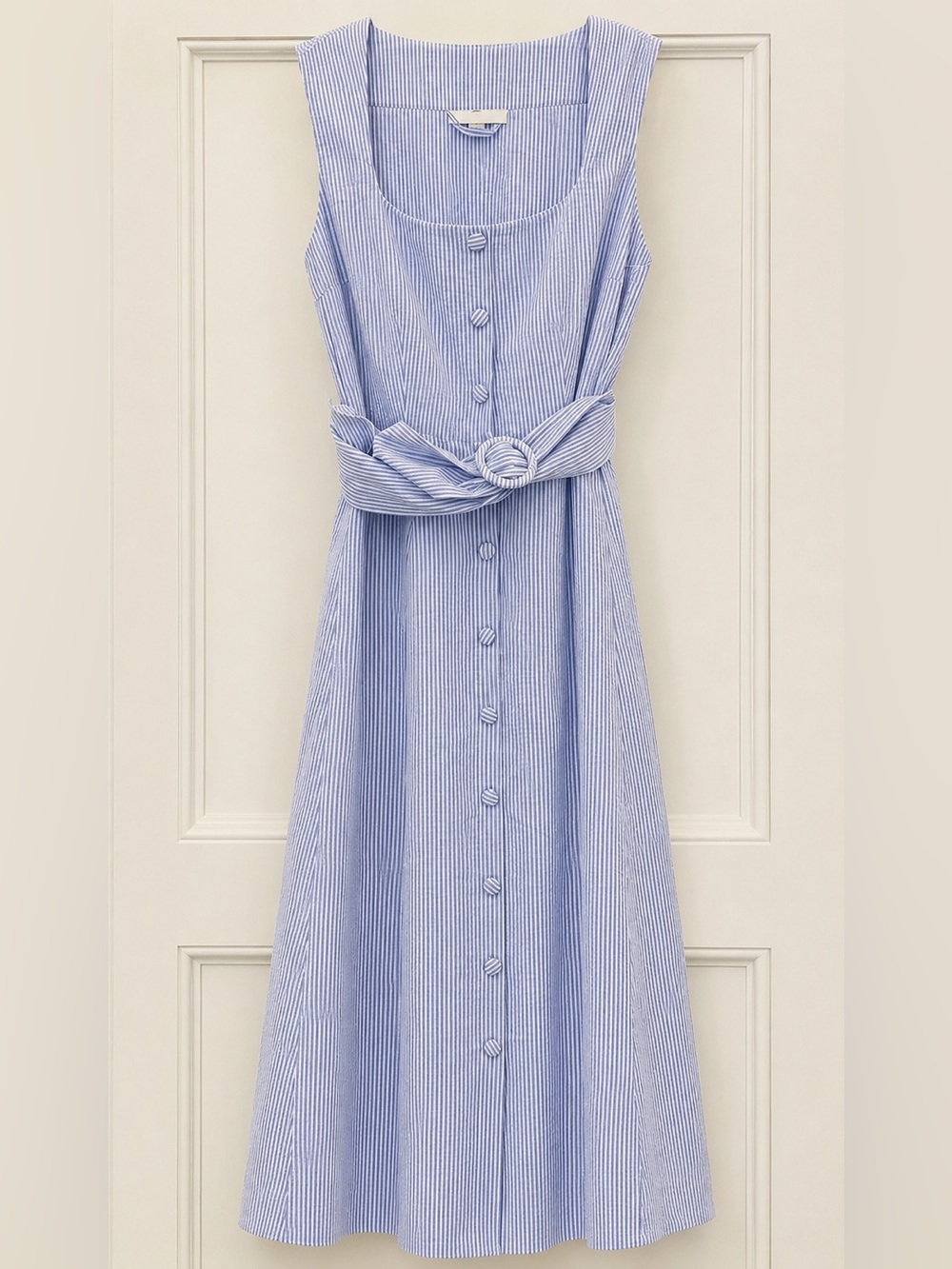 Light Blue Striped Sleeveless Button-Front Dress with Waist Tie - Picture 1 of 1